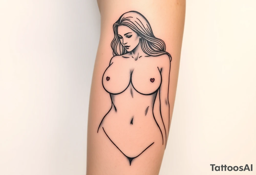 Fine line curvy naked woman with saggy breasts tattoo idea