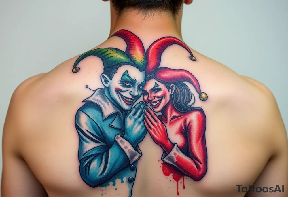 a toxic jester couple holding each other with cheeks being pulled to force smile tattoo idea
