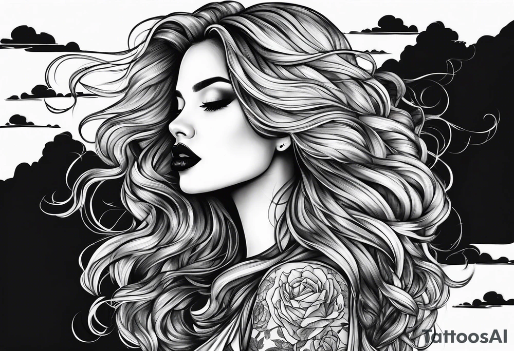Woman shooshing hand long hair dark lips sky clouds tattoo idea