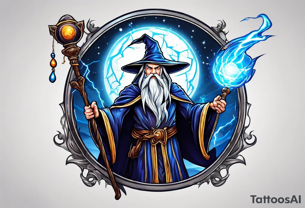 Wizard controlling lightning with a staff with blue arc ball tattoo idea