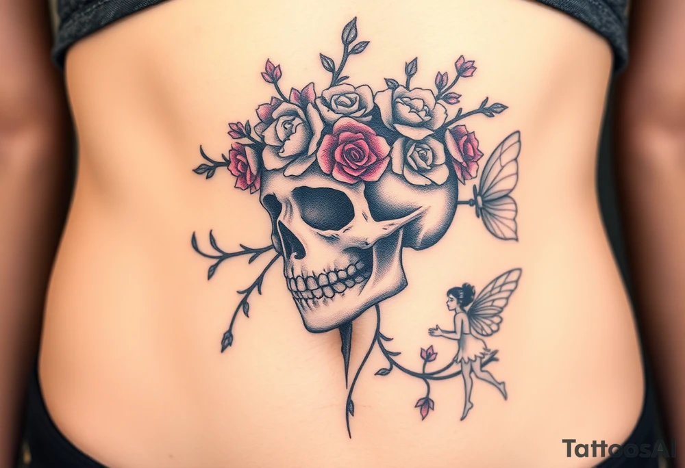 ornate skull adorned with crown of wild roses and thorns with a beautiful fairy with a young fairy following behind tattoo idea
