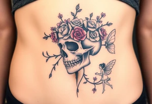 ornate skull adorned with crown of wild roses and thorns with a beautiful fairy with a young fairy following behind tattoo idea