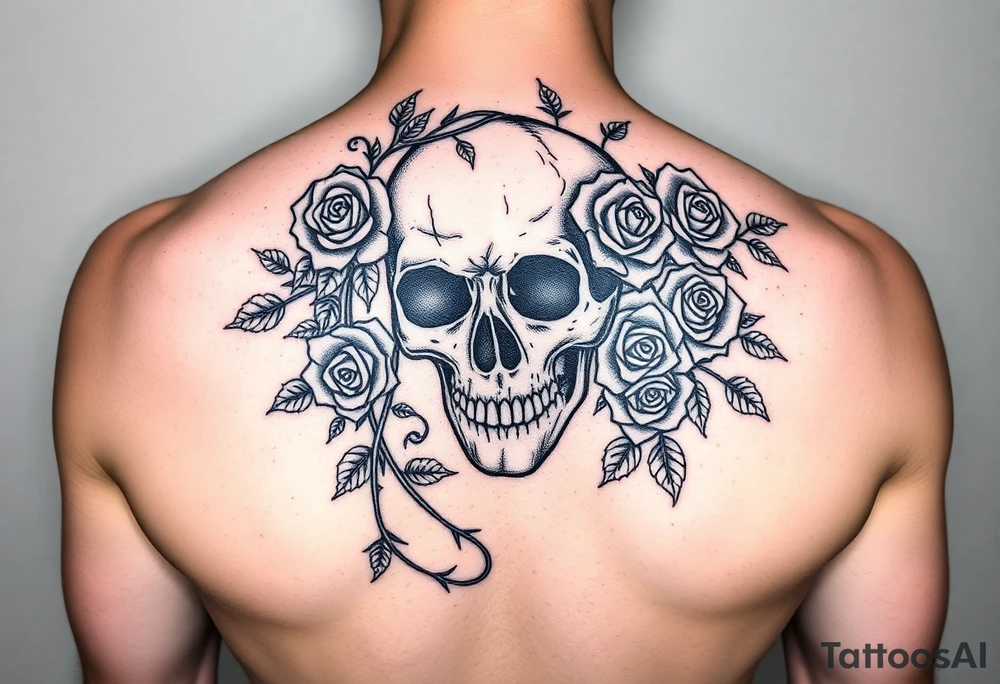 gothic skull intertwined with climbing roses and thorny vines tattoo idea