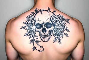 gothic skull intertwined with climbing roses and thorny vines tattoo idea