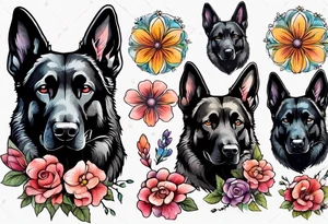 Black German shepherd portrait brightly colored with flowers tattoo idea