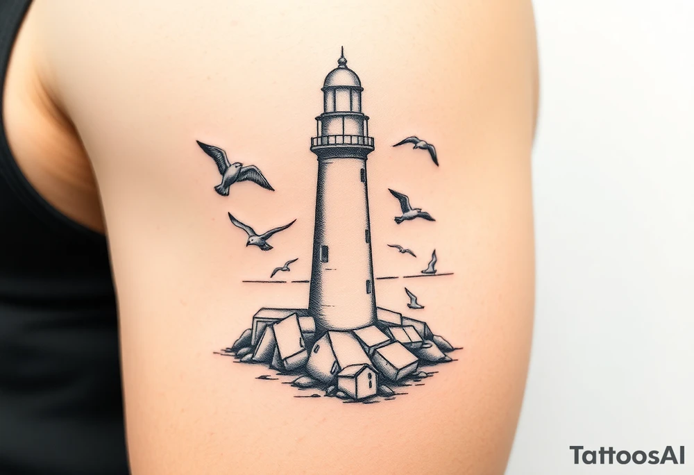 Baltic Sea tattoo with lighthouse surrounded by seagulls tattoo idea