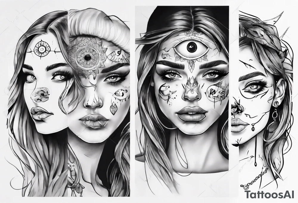 Woman's face with three eyes and a nose piercing tattoo idea