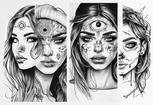 Woman's face with three eyes and a nose piercing tattoo idea
