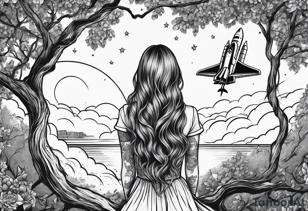 back of small girl in dress with long hair sitting on a tree branch watching a space shuttle launch in the distance tattoo idea