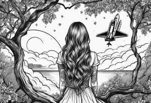 back of small girl in dress with long hair sitting on a tree branch watching a space shuttle launch in the distance tattoo idea