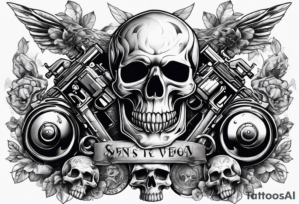 skulls with motorcyles along with guns and money tattoo idea