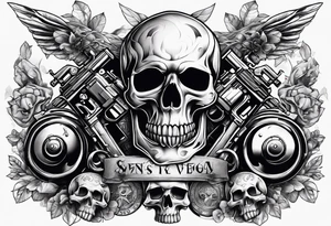 skulls with motorcyles along with guns and money tattoo idea