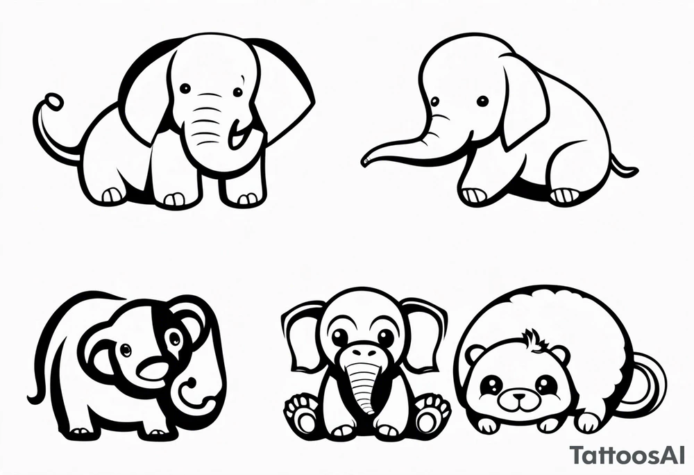 4 baby stuffy toys one is an elephant one is a monkey two are sloths tattoo idea