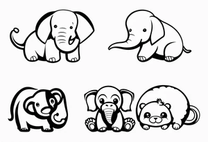 4 baby stuffy toys one is an elephant one is a monkey two are sloths tattoo idea