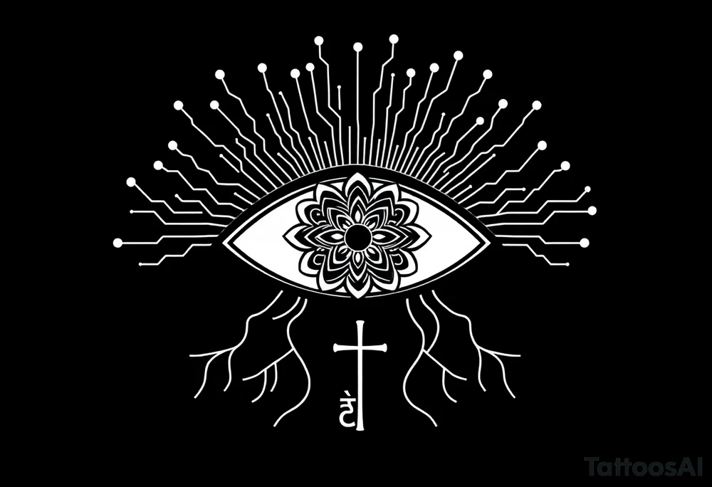 Central Element: A large, stylized eye is the focal point.
	•	The iris of the eye is filled with a mandala pattern, symbolizing depth, balance, and inner awareness.
	•	The lines are fine and clean, forming symmetrical layers and floral-like geometry within the mandala.
	•	Upper Design: From the top of the eye extend circuit-like branches, mimicking electronic pathways.
	•	These lines rise vertically and diagonally in symmetrical fashion, ending in rounded circuit nodes, representing intelligence, logic, and the digital mind.
	•	Lower Design: From the bottom of the eye extend natural tree roots.
	•	These branches flow organically and curve outward, grounding the symbol with themes of nature, growth, and spiritual connection.
	•	Text Element: Below the tree roots is the word “σοφία” in Ancient Greek, meaning wisdom.
	•	The font is clean and classical, giving it a timeless, philosophical presence.
	•	Religious Symbol: Directly below the Greek word is a simple, black cross. 
	•	The cross is thin, minimal, and vertically aligned with the center of the eye, representing faith, spirituality, or divine guidance.
	•	Placement: on the back tattoo idea