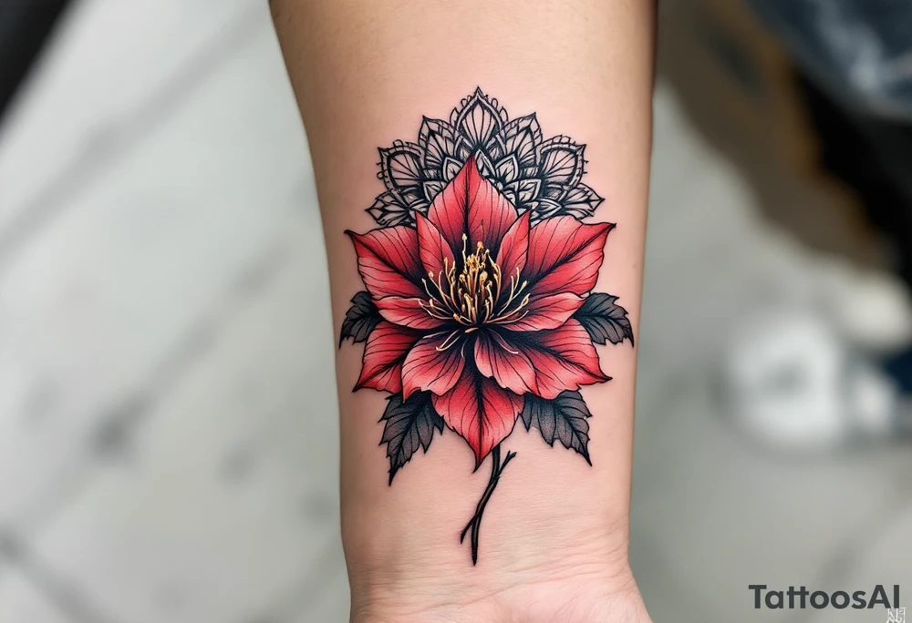 red  and black rhododendron trippy with mandala behind tattoo idea