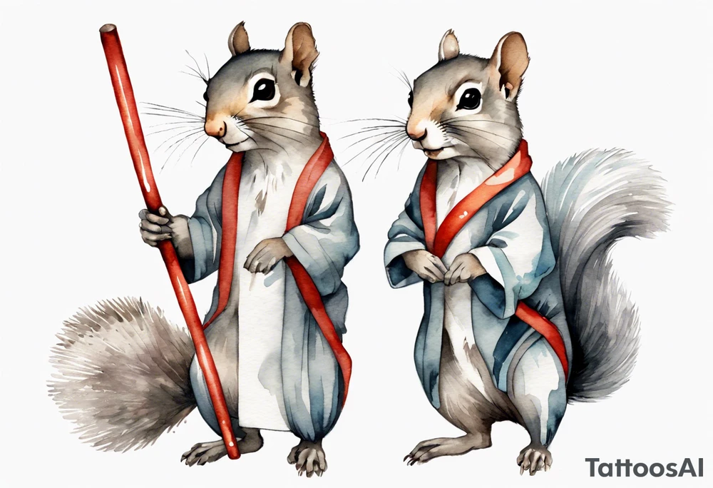 a sad grey squirrel dressed in a tunic holding a large white stick tattoo idea