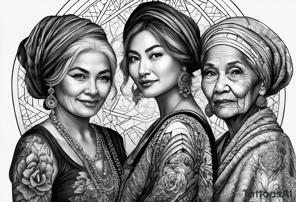 three person side by side. Daughter on the left, mother in the middle, really old grandmother on the right. greater age difference tattoo idea