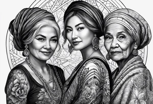 three person side by side. Daughter on the left, mother in the middle, really old grandmother on the right. greater age difference tattoo idea
