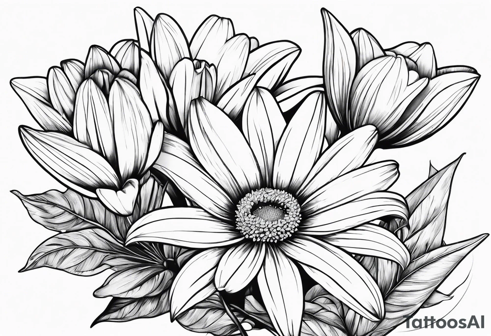 Large daisy flower and large lily flower together with leaves around them no stem tattoo idea