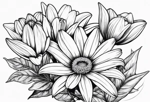 Large daisy flower and large lily flower together with leaves around them no stem tattoo idea