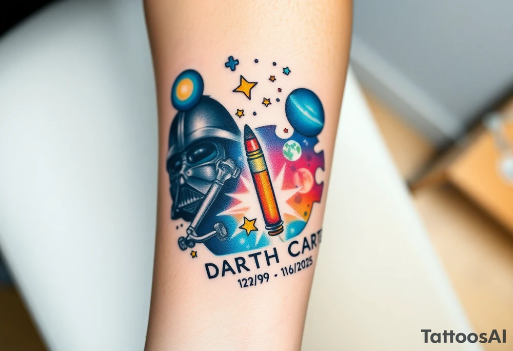 colorful futuristic memory tattoo for passed boyfriend;, star wars, space, Harley Davidson, skateboarding, puzzle pieces, video games, heaven, god, outdoors, 9mm bullet, words MEMENTO MORI & DARTH CARTER 12/29/88-01/06/2025 tattoo idea