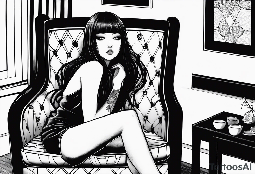 Portrait of tomie sitting on a chair. Tomie is a character of the autor junji ito tattoo idea
