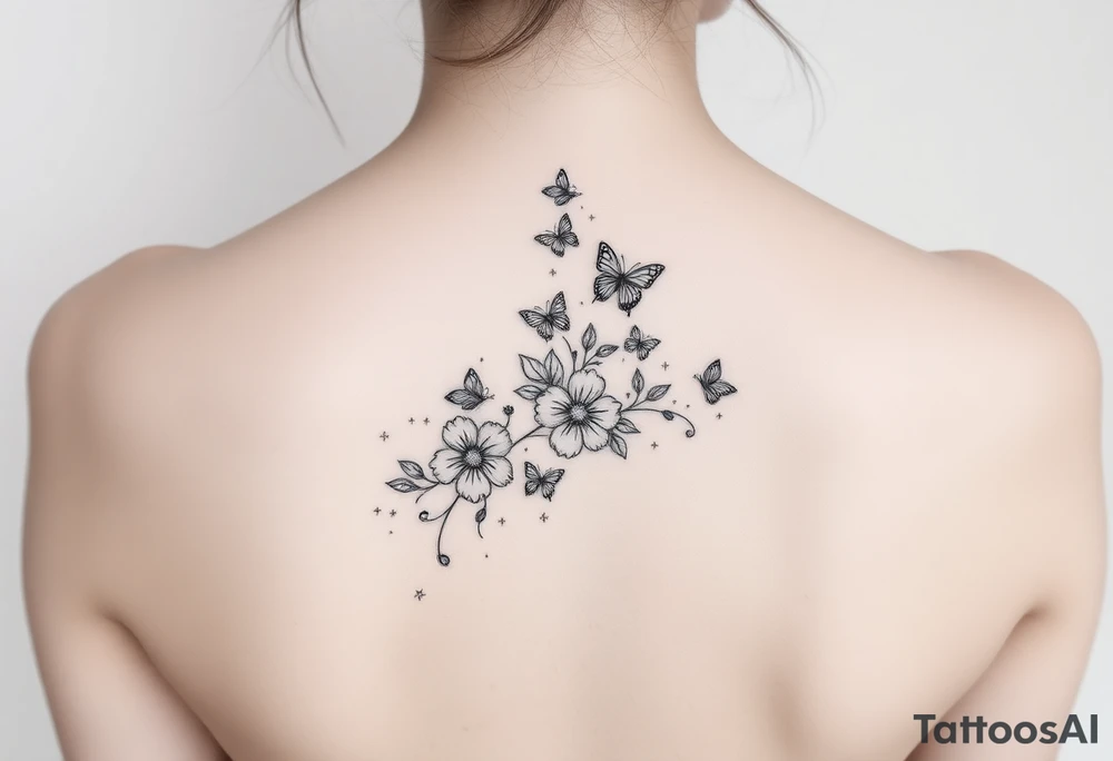 Flowers down the spine surrounded by small butterflies and sparkles tattoo idea