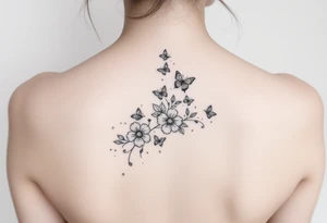 Flowers down the spine surrounded by small butterflies and sparkles tattoo idea
