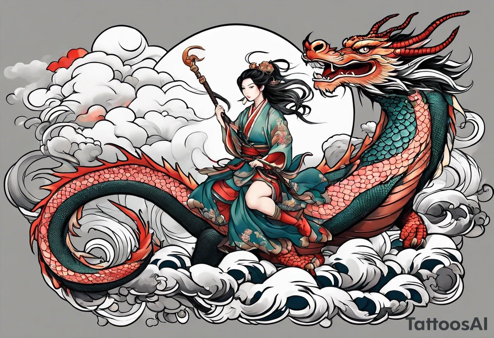 beautiful warrior nymph riding a dragon and the background will be mountains, clouds, and a Japanese building tattoo idea