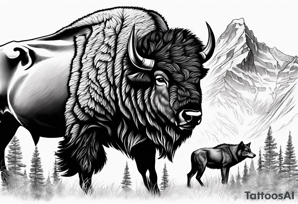 Mountains cowboy bison wolf tattoo idea