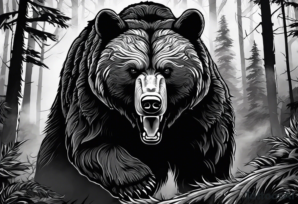 Bear growling face first in a cloudy forest. With fierce warriors in the background. Make the picture very detailed and smoke in the back creating a trail effect tattoo idea