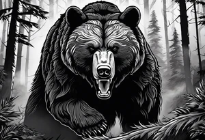 Bear growling face first in a cloudy forest. With fierce warriors in the background. Make the picture very detailed and smoke in the back creating a trail effect tattoo idea