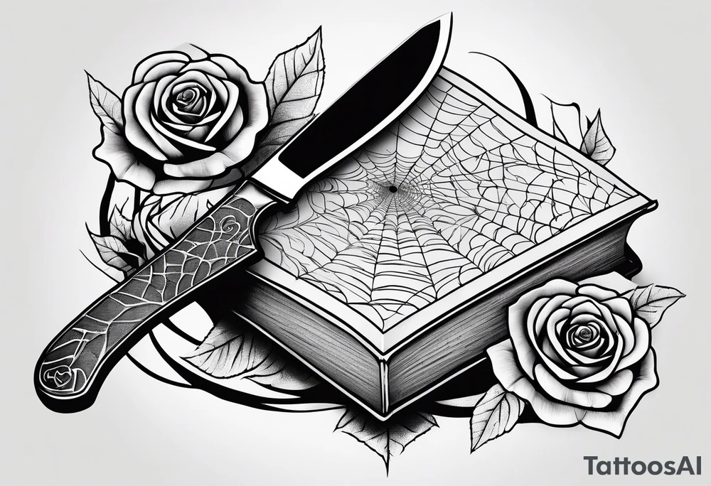 Book with meat cleaver, rose and spiderweb tattoo idea