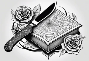 Book with meat cleaver, rose and spiderweb tattoo idea