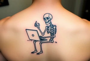 skeleton working at a desk with a laptop tattoo idea