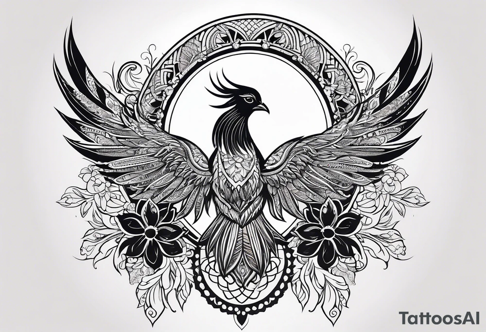Tribal bohemian feminine impowering Phoenix rising with smoke, mandala sun, floral, lace background tattoo idea