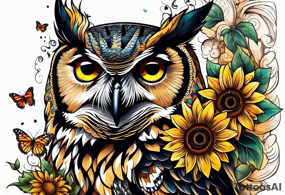 Owl with sunflower and butterfly tattoo idea