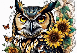Owl with sunflower and butterfly tattoo idea