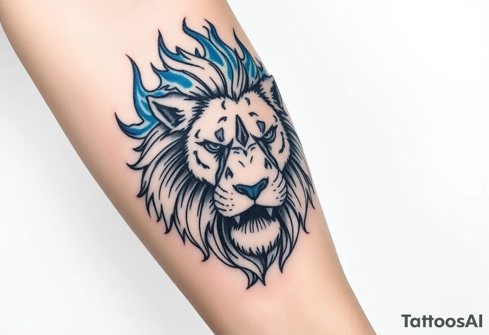 Powerful, fierce stoic lions head, whose mane turns into blue flames that swirl up my arm with blue embers tattoo idea