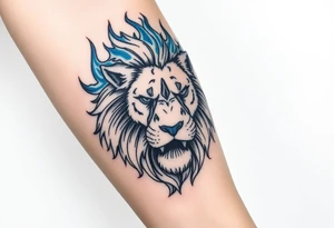 Powerful, fierce stoic lions head, whose mane turns into blue flames that swirl up my arm with blue embers tattoo idea