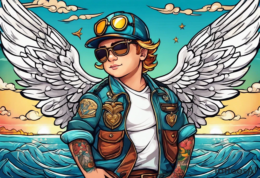 cupido  fly boy with wings, background sea tattoo idea