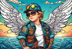 cupido  fly boy with wings, background sea tattoo idea