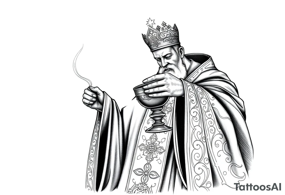 A Russian Orthodox Priest in full gold vestments swinging a censer with smoke curling upward 

The ornate robes give incredible fine line detail
The incense smoke could flow and connect to other elements
It ties directly into the church and Virgin Mary you already have
Very culturally authentic to the overall theme tattoo idea