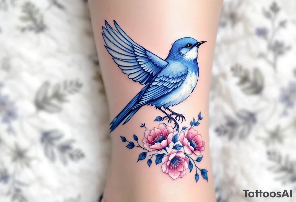 Blue bird with thick floral at the bottom tattoo idea