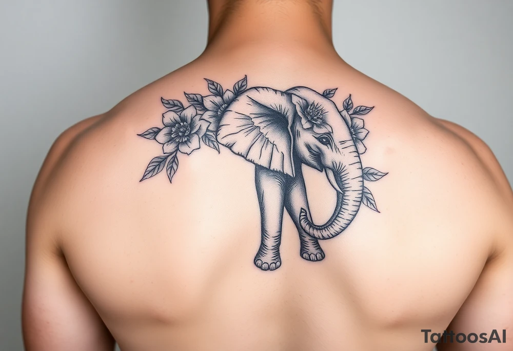 Elephant sleeve with flowers tattoo idea