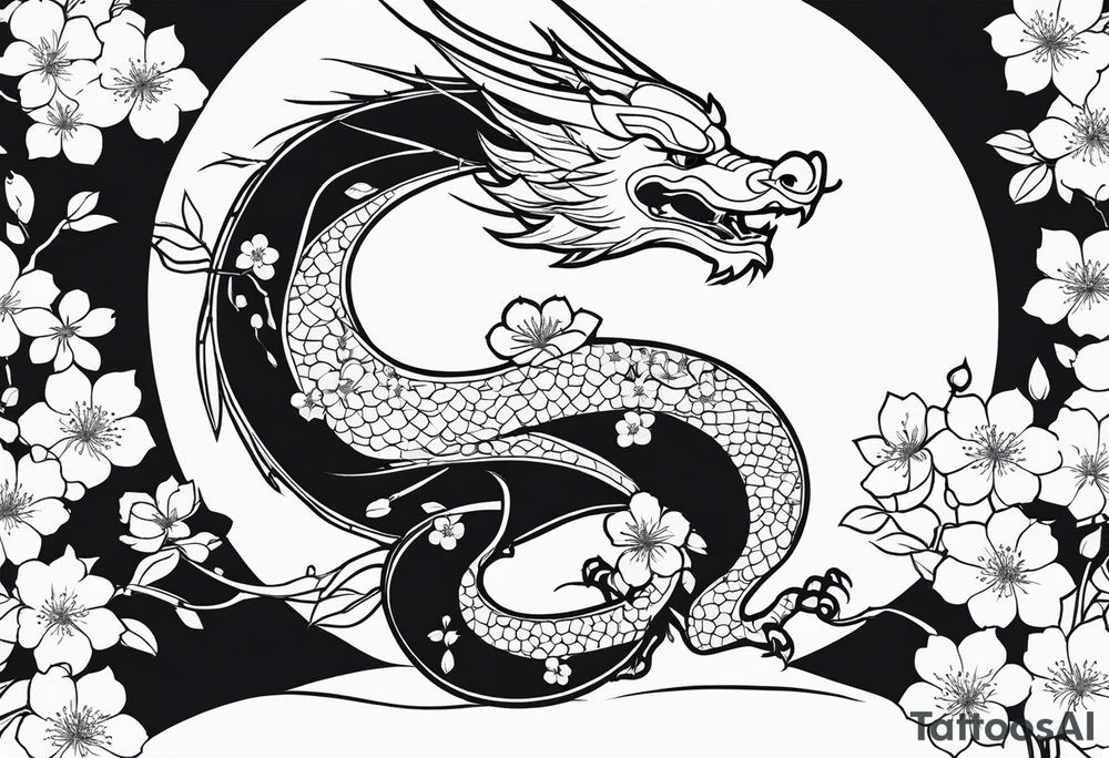 dragon, japanese, female, cherry blossoms, vines, elegant, minimalist, sleek tattoo idea