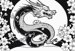 dragon, japanese, female, cherry blossoms, vines, elegant, minimalist, sleek tattoo idea