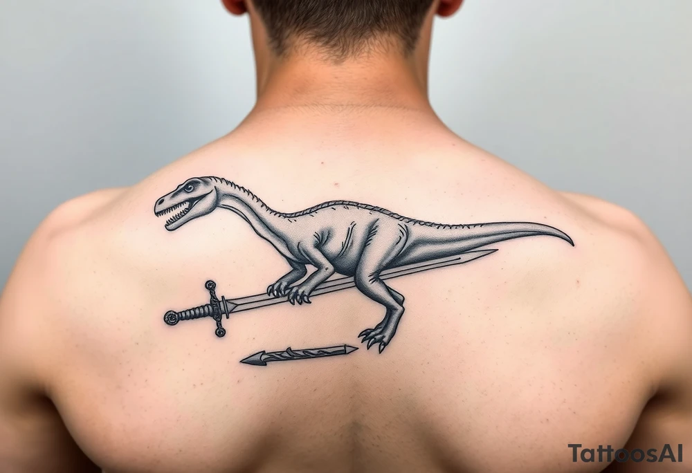 Tattoo on forearm with Brachiosaurus dinosaur on handle bar of a fingolfin sword. tattoo idea