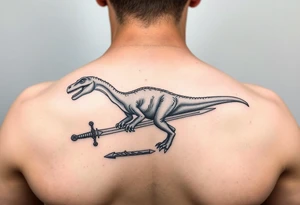 Tattoo on forearm with Brachiosaurus dinosaur on handle bar of a fingolfin sword. tattoo idea